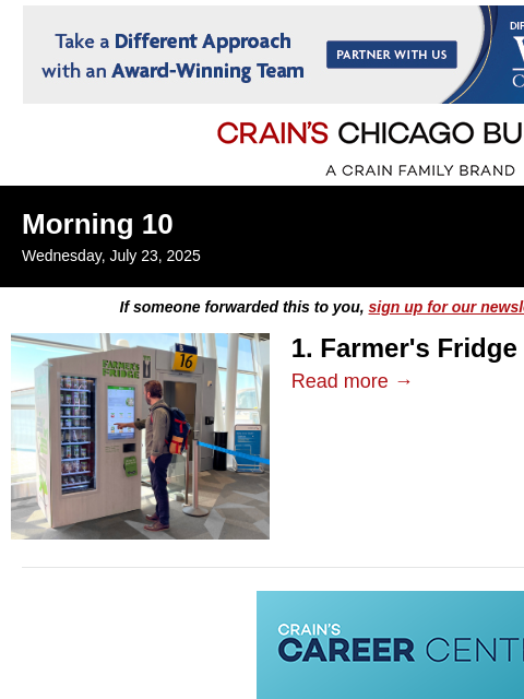 crainalerts newsletter: Farmer’s Fridge sees post-pandemic boom