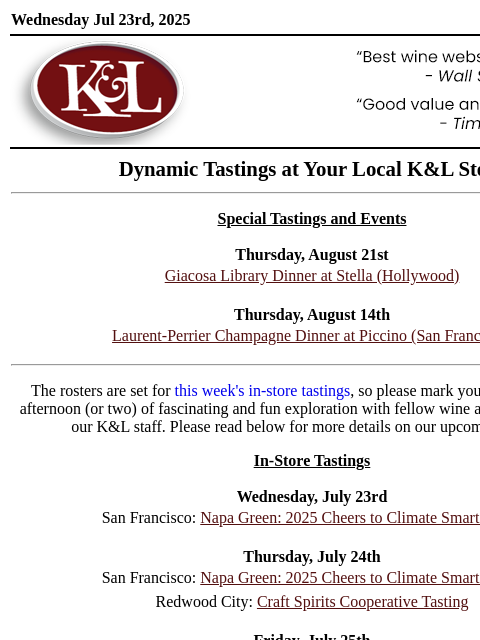 klwines newsletter: K&L Tastings: Barolo & Beyond, Rhône-Style Wines, ...