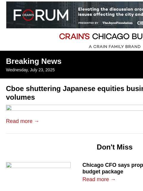 crainalerts newsletter: Cboe shuttering Japanese equities business