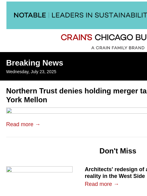 crainalerts newsletter: Northern Trust denies holding merger talks