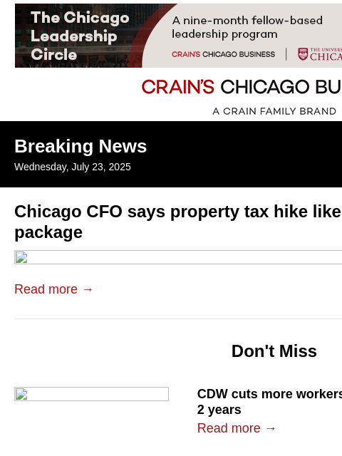 crainalerts newsletter: Chicago CFO says property tax hike likely