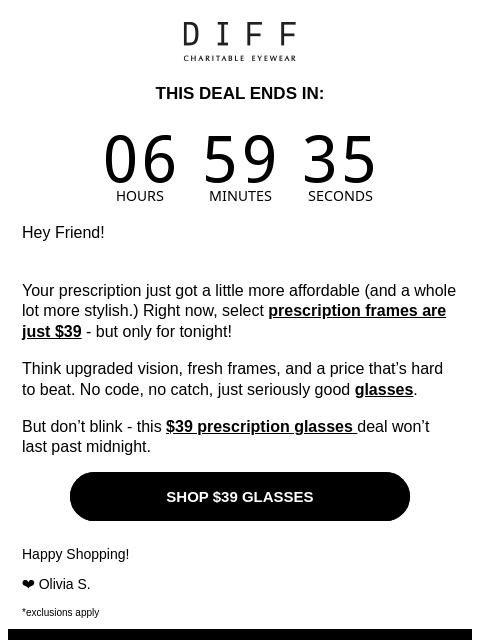diffeyewear newsletter: $39 Glasses? You’re Right On Time ⏱️