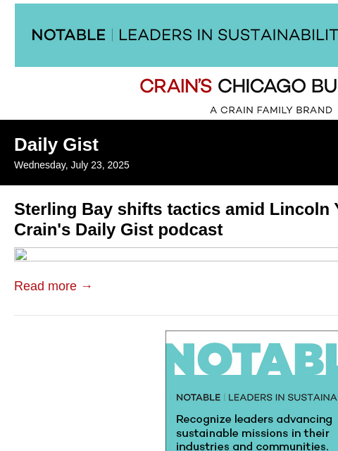crainalerts newsletter: Sterling Bay shifts tactics amid Lincoln Yards hea...