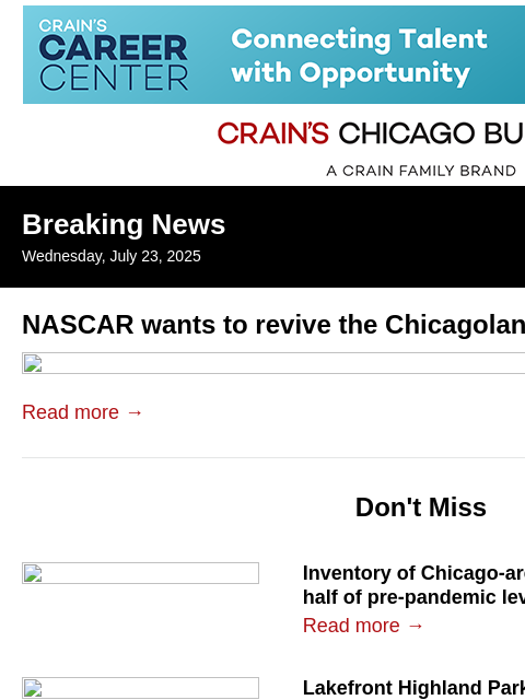 crainalerts newsletter: NASCAR wants to revive Chicagoland Speedway