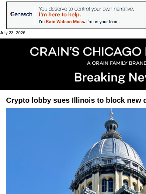 crainalerts newsletter: Illinois sued over new crypto tax