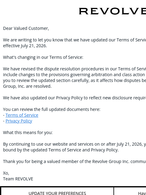 revolve newsletter: Notice of Policy Updates