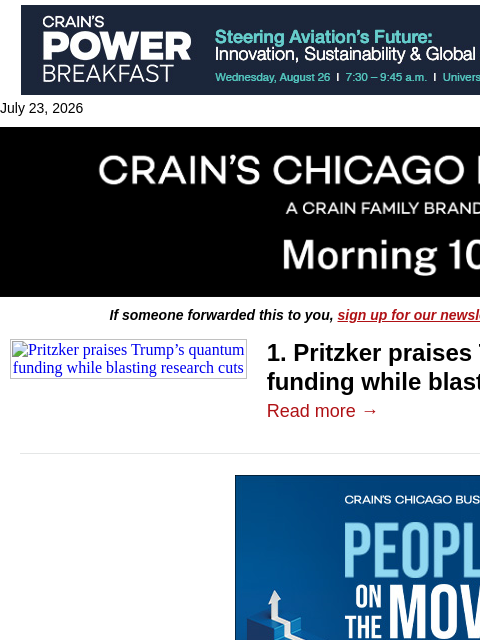 crainalerts newsletter: Pritzker walks tightrope on Trump funds