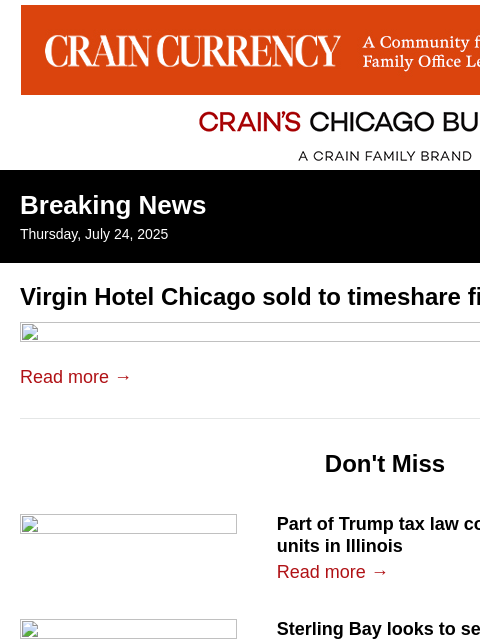 crainalerts newsletter: Virgin Hotel Chicago sold to timeshare firm