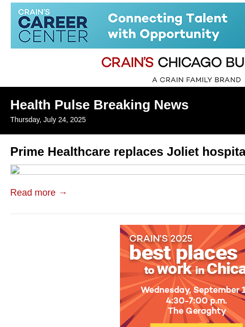 crainalerts newsletter: Prime Healthcare replaces Joliet hospital chief