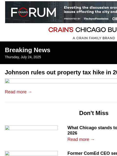 crainalerts newsletter: Johnson says no property tax hike