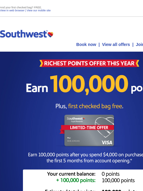 southwest newsletter: Earn 100,000 bonus points + incredible NEW benefit...