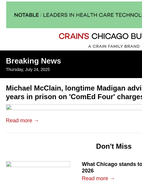 crainalerts newsletter: Longtime Madigan adviser sentenced on 'ComEd Four'...