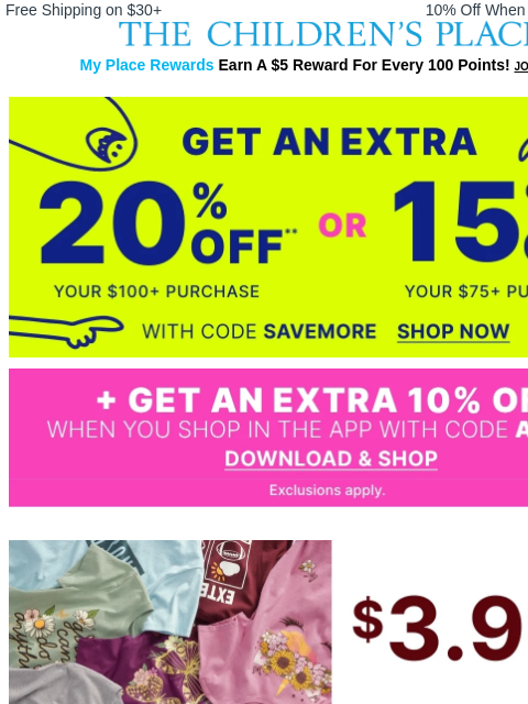 childrensplace newsletter: $3.99 & up Graphic Tees + Save more w/extra 20% Of...