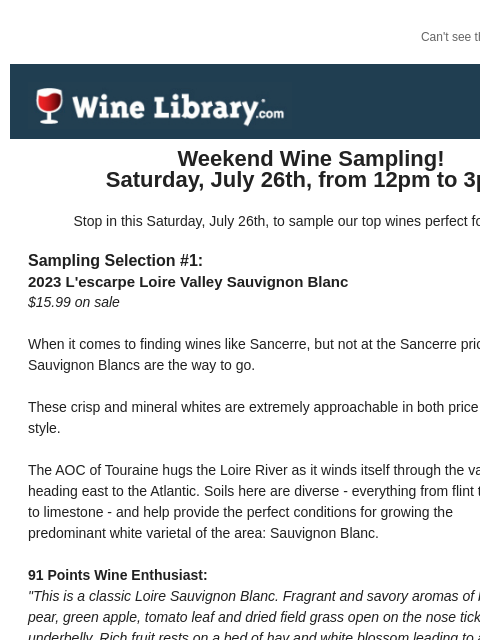 winelibrary newsletter: Come sample 4 spectacular Summer finds this Saturd...