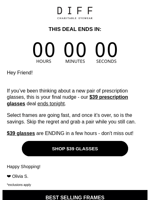 diffeyewear newsletter: FINAL HOURS To Shop $39 Glasses 🤓