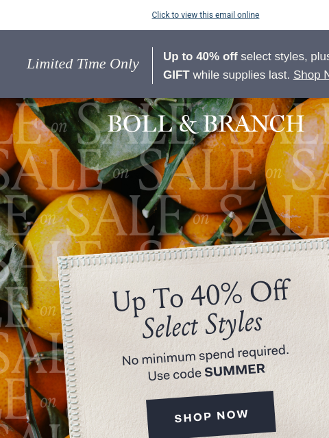 bollandbranch newsletter: New: Up to 40% off, NO min. spend