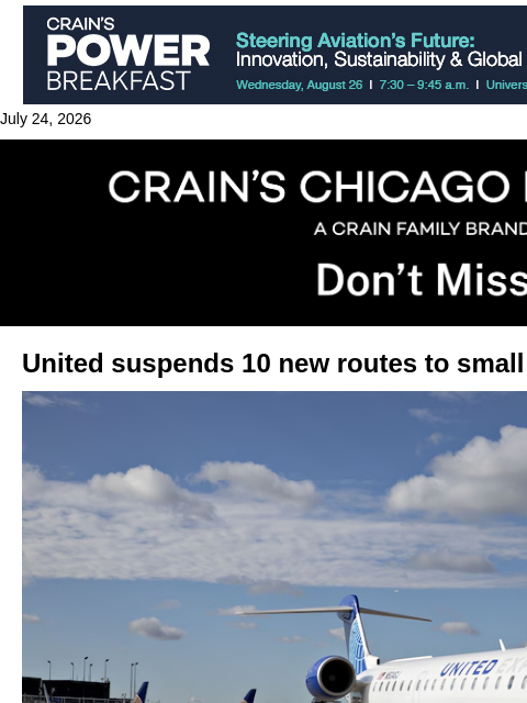 crainalerts newsletter: United suspends 10 new routes to small cities from...