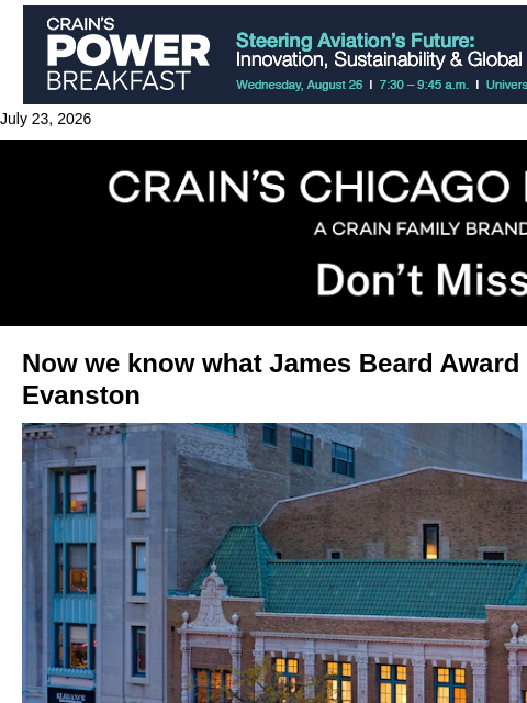 crainalerts newsletter: New downtown Evanston restaurant planned