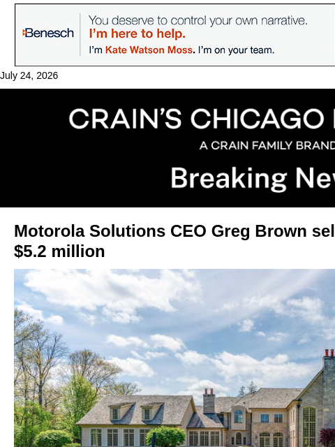 crainalerts newsletter: Motorola Solutions CEO's Barrington estate sold