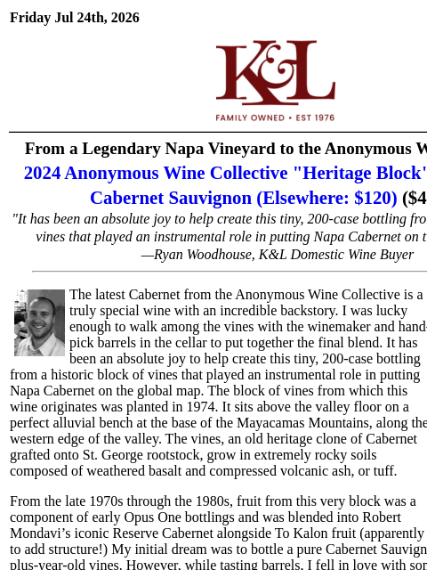 klwines newsletter: Anonymous Wine Collective’s Most Historic Napa Cab...