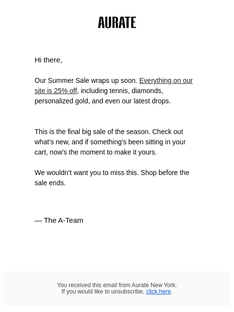 auratenewyork newsletter: 25% Off Sitewide Ends Soon