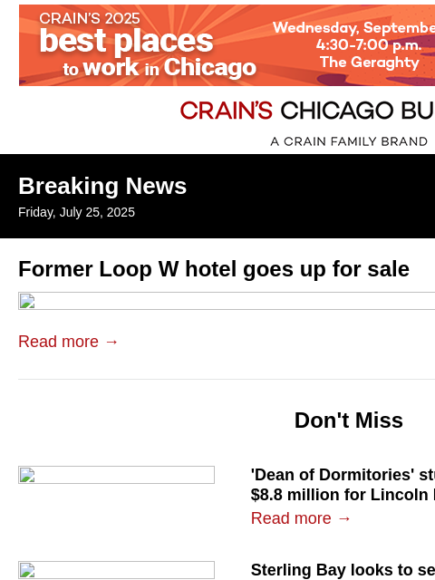 crainalerts newsletter: Former Loop W hotel goes up for sale