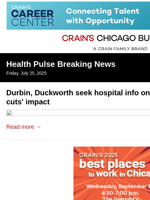 crainalerts newsletter: Durbin, Duckworth seek hospital info