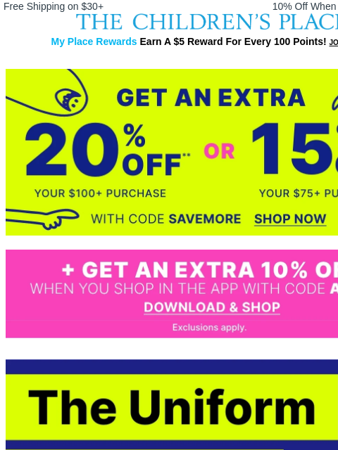 childrensplace newsletter: $5 & Up Uniform Essentials + Extra Savings!