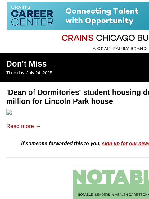 crainalerts newsletter: 'Dean of Dormitories' lists Lincoln Park mansion