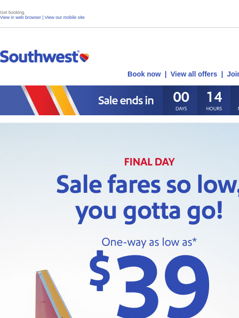 southwest newsletter: $39 sale fares depart tonight! ✈️
