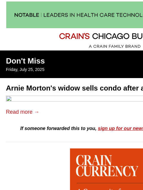 crainalerts newsletter: Arnie Morton's widow sells condo after decade on m...