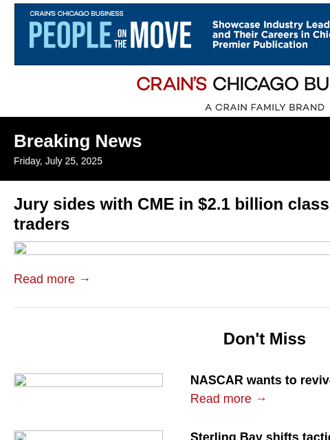 crainalerts newsletter: Jury sides with CME in $2.1B class action