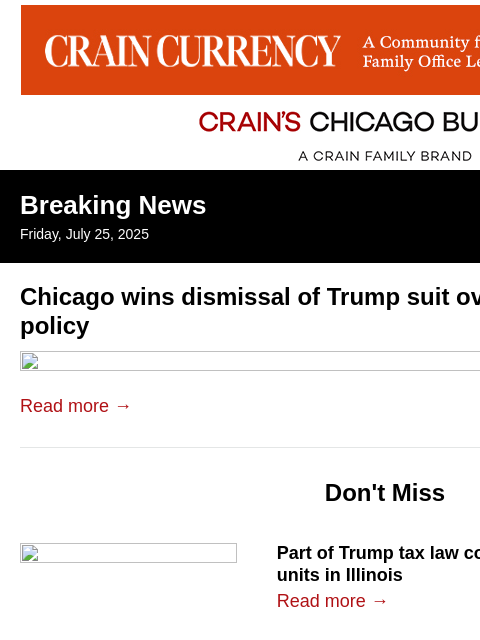 crainalerts newsletter: Chicago wins dismissal of Trump suit over sanctuar...
