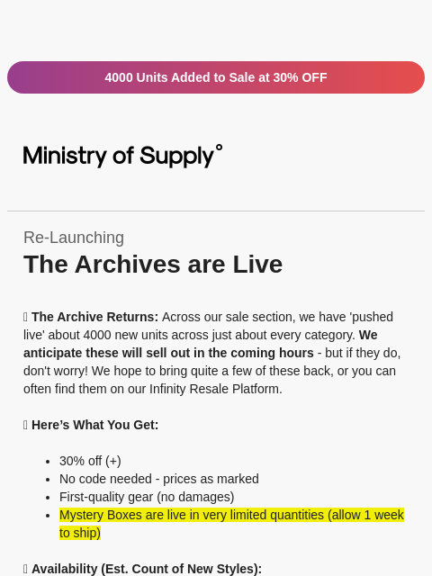 ministryofsupply newsletter: 4000 Units Added to Archive