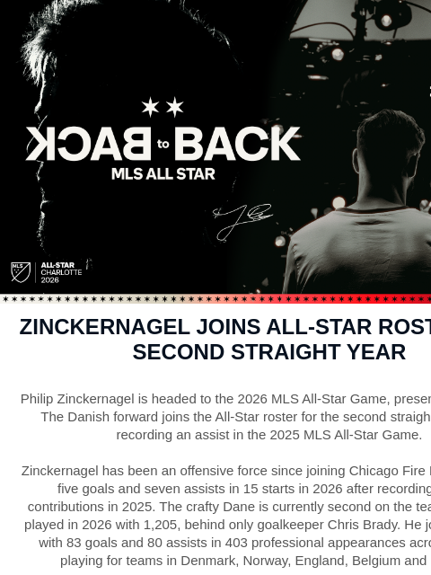 chicagofirefc newsletter: Zinckernagel Named to 2026 MLS All-Star Team!