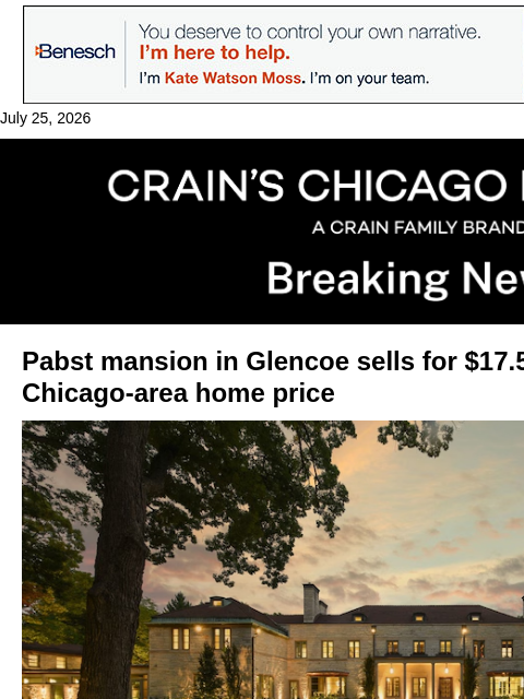 crainalerts newsletter: Glencoe's Pabst mansion sells at the year's top ho...