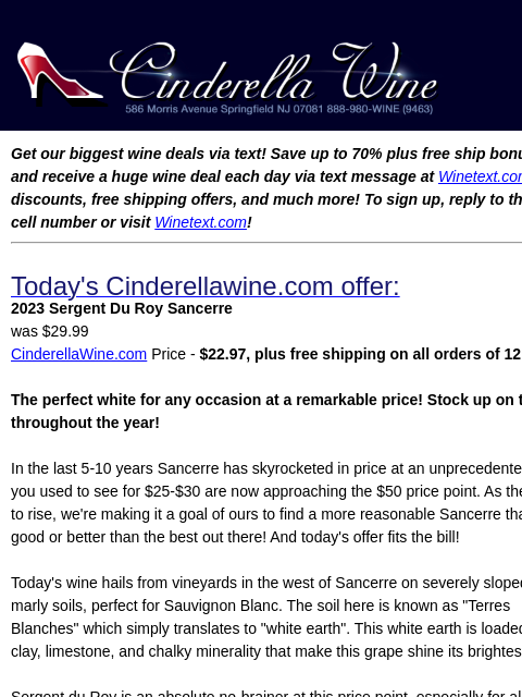 Get our biggest wine deals via text! Save up to 70% plus free ship bonus offers! Sign up and receive a huge wine deal each day via text message at Winetext.com! Massive price discounts, free shipping