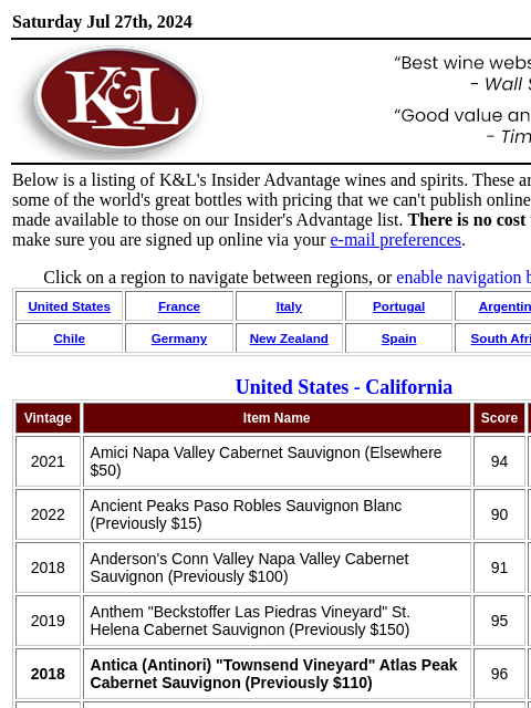 Special Discounts and Hidden Pricing for K&L Insider's Advantage Subscribers... Saturday Jul 27th, 2024 View in Browser KL-emailheader.gif Below is a listing of K&L's Insider Advantage