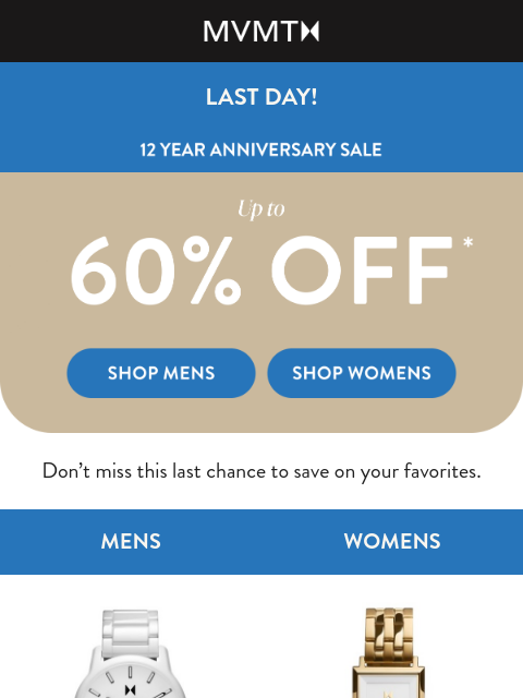 mvmt newsletter: It’s Now or Never – Up to 60% Off
