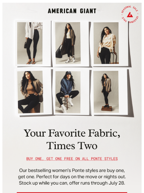 american-giant newsletter: Sale Spotlight: Women's Ponte Pants BOGO