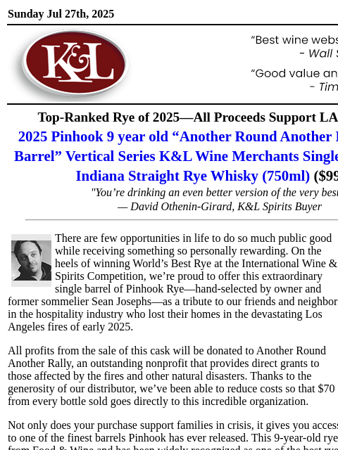 klwines newsletter: Top Rye of 2025 — Sip & Support LA Fire Recovery