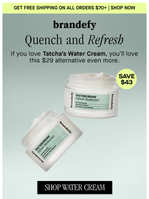 brandefyskin newsletter: Tatcha Water Cream Alternative