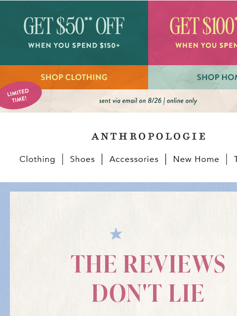anthropologie newsletter: Get up to $100! The more you spend, the more you g...