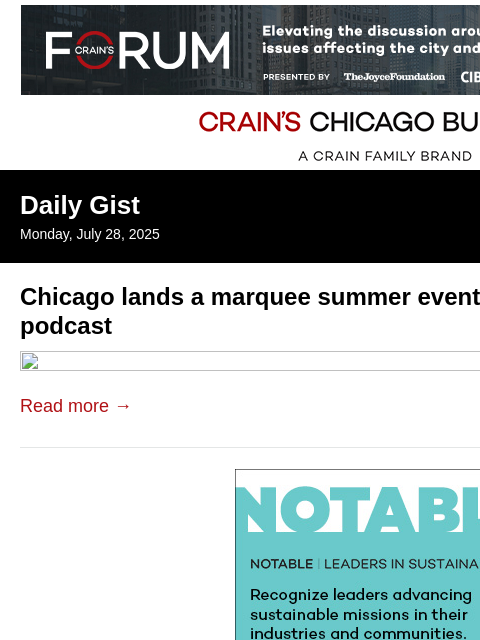 crainalerts newsletter: Chicago lands a marquee summer event: Crain's Dail...