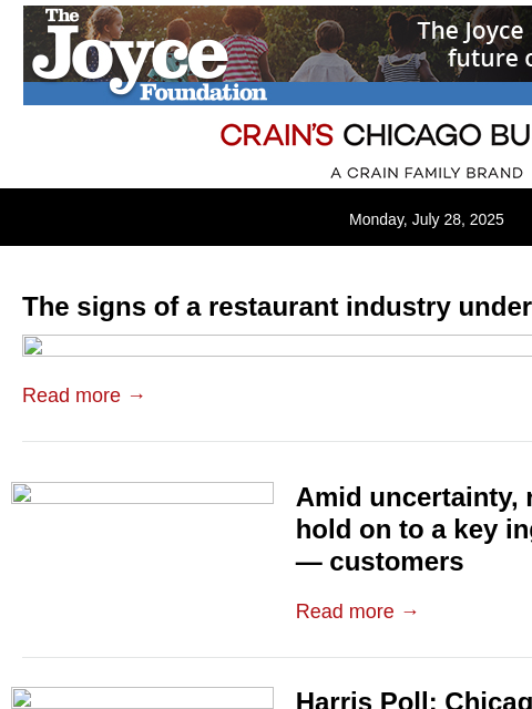 crainalerts newsletter: Restaurant industry under stress