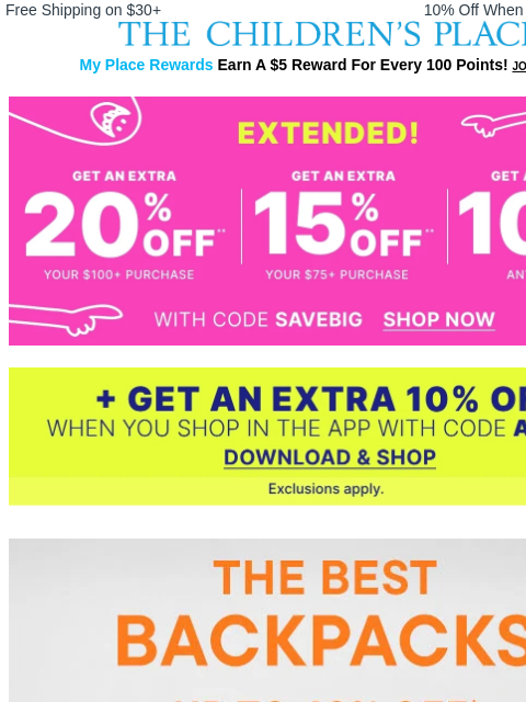 childrensplace newsletter: NEW Backpacks Trending Now: Up to 40% Off! 🎒