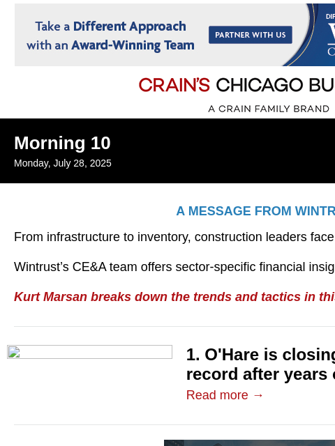 crainalerts newsletter: O'Hare rebounds to approach passenger milestone