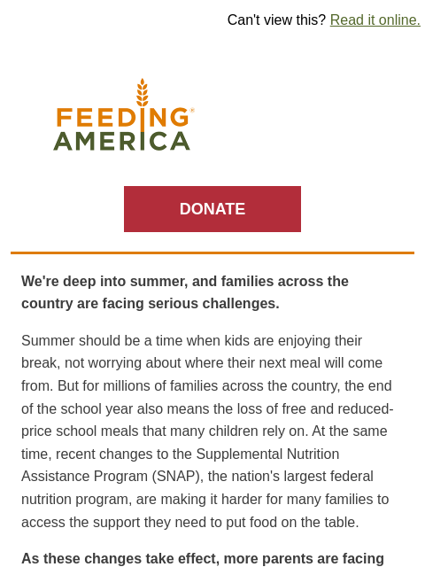 feedingamerica newsletter: Millions of kids face a serious challenge this sum...