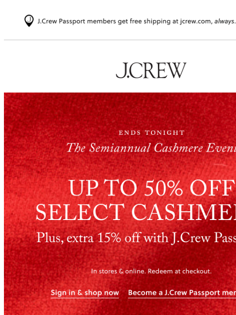 jcrew newsletter: Say bye to up to 50% off select cashmere...