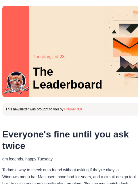 producthunt newsletter: 😸 Everyone's fine until you ask twice